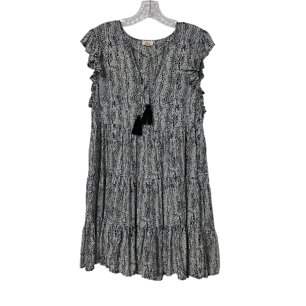 Elam Tiered Mini Dress Women Black White Abstract Print Ruffle Tassel Boho L